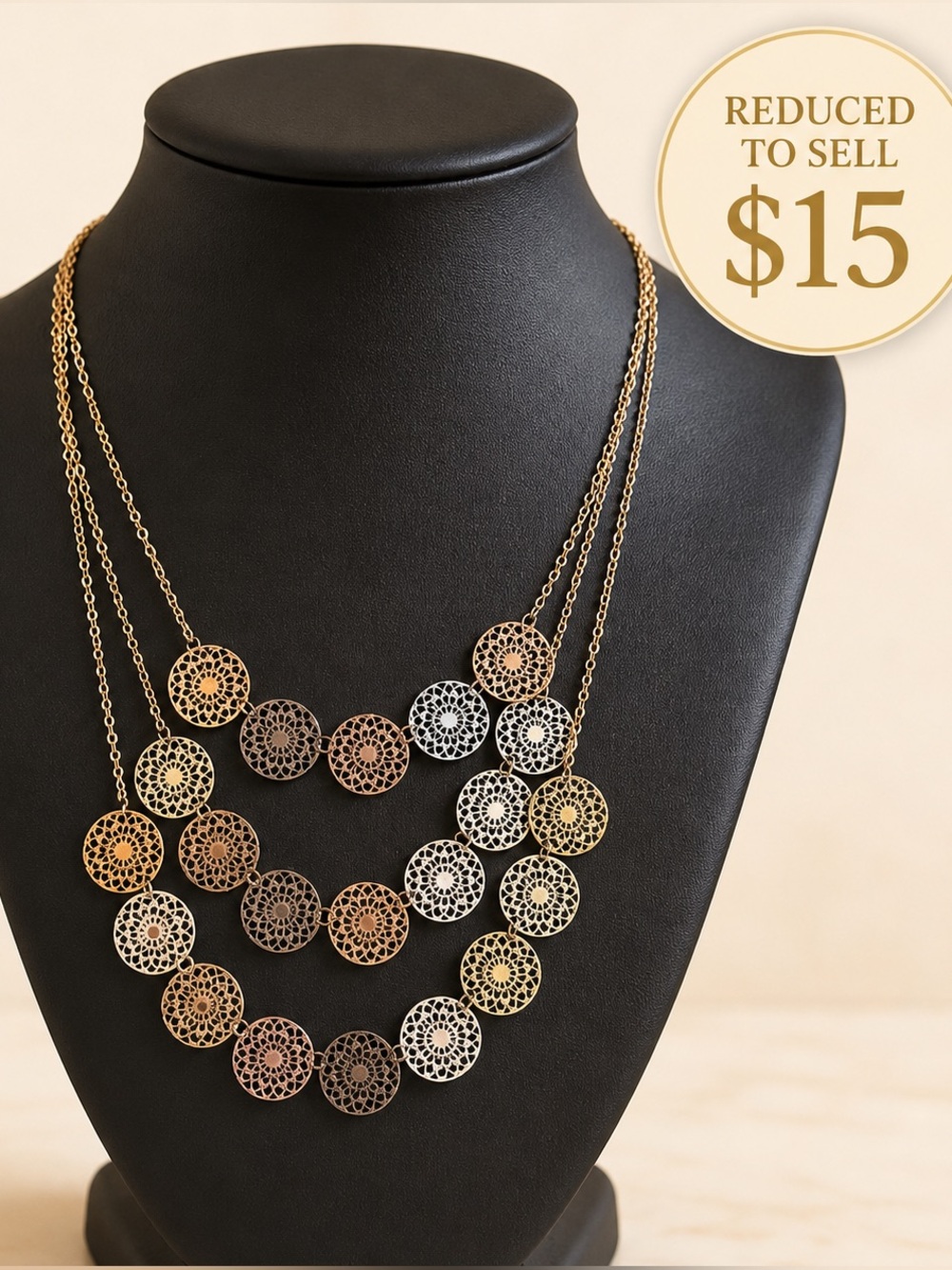 Boutique 3 tier layer Disc Filigree Necklace Gold Silver Bronze Bohemian Gypsy